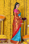 Rajsi~EXCLUSIVE!Handloom High Quality Pure Silk Paithani With Most Traditional Zari Border~ Feroze Blue and Zari - verymuchindian.com