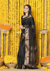 Rajsi~Handloom Ari Checks Cotton Silk Saree with Golden Border in Black - verymuchindian.com