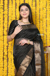 Rajsi~Handloom Ari Checks Cotton Silk Saree with Golden Border in Black - verymuchindian.com