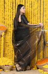 Rajsi~Handloom Ari Checks Cotton Silk Saree with Golden Border in Black - verymuchindian.com