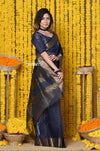 Rajsi~Handloom Ari Checks Cotton Silk Saree with Golden Border in Indigo Blue - verymuchindian.com