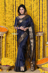 Rajsi~Handloom Ari Checks Cotton Silk Saree with Golden Border in Indigo Blue - verymuchindian.com