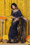 Rajsi~Handloom Ari Checks Cotton Silk Saree with Golden Border in Indigo Blue - verymuchindian.com