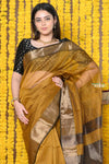 Rajsi~Handloom Ari Checks Cotton Silk Saree with Golden Border in Yellow - verymuchindian.com