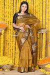 Rajsi~Handloom Ari Checks Cotton Silk Saree with Golden Border in Yellow - verymuchindian.com