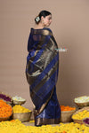 Rajsi~Handloom Ari Checks Cotton Silk Saree with Golden Border~Dark Blue - verymuchindian.com