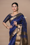 Rajsi~Handloom Ari Checks Cotton Silk Saree with Golden Border~Dark Blue - verymuchindian.com
