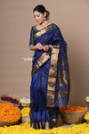 Rajsi~Handloom Ari Checks Cotton Silk Saree with Golden Border~Dark Blue - verymuchindian.com