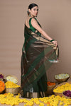 Rajsi~Handloom Ari Checks Cotton Silk Saree with Golden Border~Dark Green - verymuchindian.com