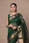 Rajsi~Handloom Ari Checks Cotton Silk Saree with Golden Border~Dark Green - verymuchindian.com