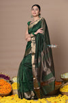 Rajsi~Handloom Ari Checks Cotton Silk Saree with Golden Border~Dark Green - verymuchindian.com