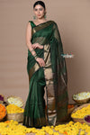 Rajsi~Handloom Ari Checks Cotton Silk Saree with Golden Border~Dark Green - verymuchindian.com