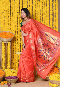 Rajsi~Handloom High Quality Pure SIlk Paithani With Most Traditional Double Pallu~Orange - verymuchindian.com