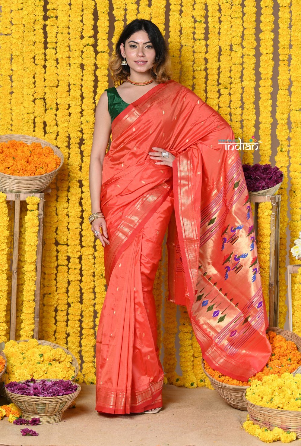 Rajsi~Handloom High Quality Pure SIlk Paithani With Most Traditional Double Pallu~Orange - verymuchindian.com