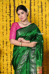 Rajsi~Handloom High Quality Pure SIlk Paithani With Traditional Nath Pallu~Green - verymuchindian.com
