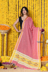 Rajsi~Handloom Pure Cotton Paithani Dupatta With Traditional Paithani Handweave and Tassels ~ Pink - verymuchindian.com