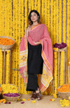 Rajsi~Handloom Pure Cotton Paithani Dupatta With Traditional Paithani Handweave and Tassels ~ Pink - verymuchindian.com