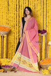 Rajsi~Handloom Pure Cotton Paithani Dupatta With Traditional Paithani Handweave and Tassels ~ Pink - verymuchindian.com