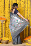 Rajsi~Handloom Pure Cotton Paithani With Asawali Pallu~ Grey - verymuchindian.com