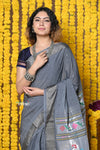 Rajsi~Handloom Pure Cotton Paithani With Asawali Pallu~ Grey - verymuchindian.com