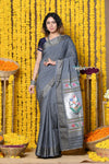 Rajsi~Handloom Pure Cotton Paithani With Asawali Pallu~ Grey - verymuchindian.com