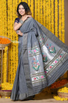 Rajsi~Handloom Pure Cotton Paithani With Asawali Pallu~ Grey - verymuchindian.com
