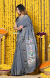 Rajsi~Handloom Pure Cotton Paithani With Asawali Pallu~ Grey - verymuchindian.com