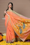 Rajsi~Handloom Pure Cotton Paithani With Peacock Pallu ~ Peach - verymuchindian.com