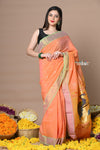 Rajsi~Handloom Pure Cotton Paithani With Peacock Pallu ~ Peach - verymuchindian.com