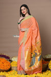Rajsi~Handloom Pure Cotton Paithani With Peacock Pallu ~ Peach - verymuchindian.com