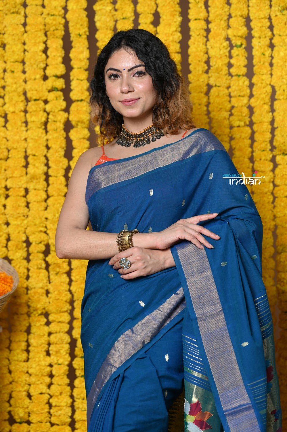 Rajsi~Handloom Pure Cotton Paithani With Peacock Pallu~Teal Blue - verymuchindian.com