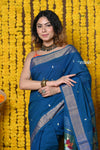 Rajsi~Handloom Pure Cotton Paithani With Peacock Pallu~Teal Blue - verymuchindian.com