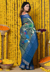 Rajsi~Handloom Pure Cotton Paithani With Peacock Pallu~Teal Blue - verymuchindian.com