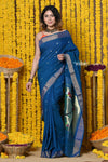 Rajsi~Handloom Pure Cotton Paithani With Peacock Pallu~Teal Blue - verymuchindian.com
