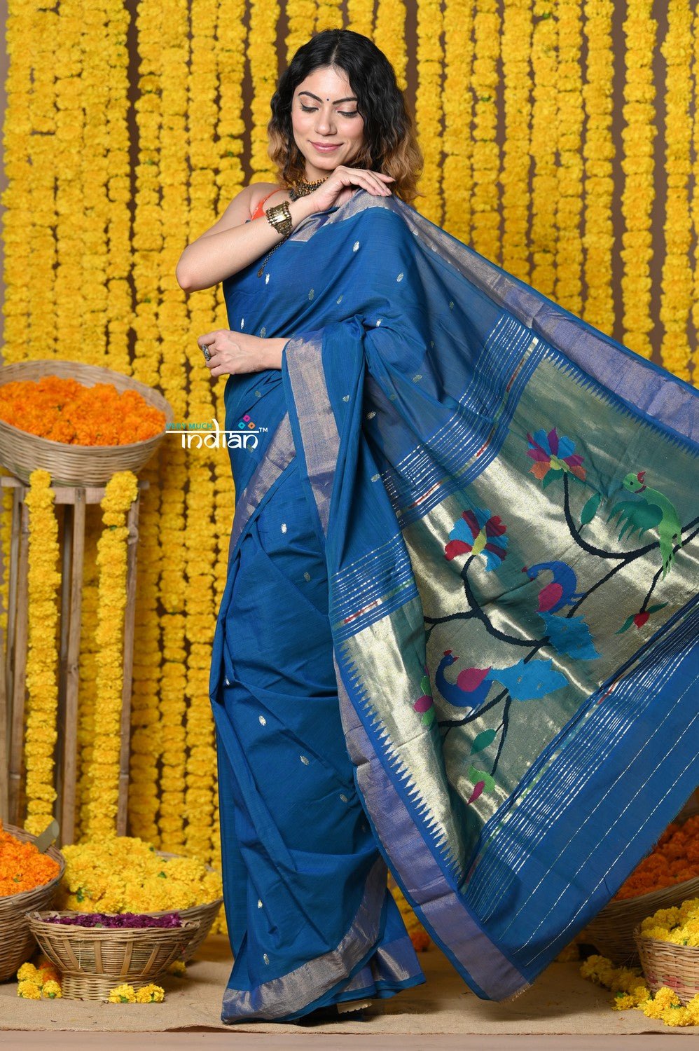 Rajsi~Handloom Pure Cotton Paithani With Peacock Pallu~Teal Blue - verymuchindian.com