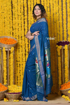 Rajsi~Handloom Pure Cotton Paithani With Peacock Pallu~Teal Blue - verymuchindian.com