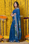 Rajsi~Handloom Pure Cotton Paithani With Peacock Pallu~Teal Blue - verymuchindian.com