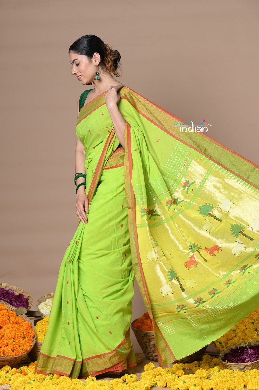 Rajsi~Handloom Pure Cotton Paithani With Pichwai Pallu~ Lime Green - verymuchindian.com