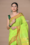 Rajsi~Handloom Pure Cotton Paithani With Pichwai Pallu~ Lime Green - verymuchindian.com