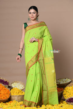 Rajsi~Handloom Pure Cotton Paithani With Pichwai Pallu~ Lime Green - verymuchindian.com