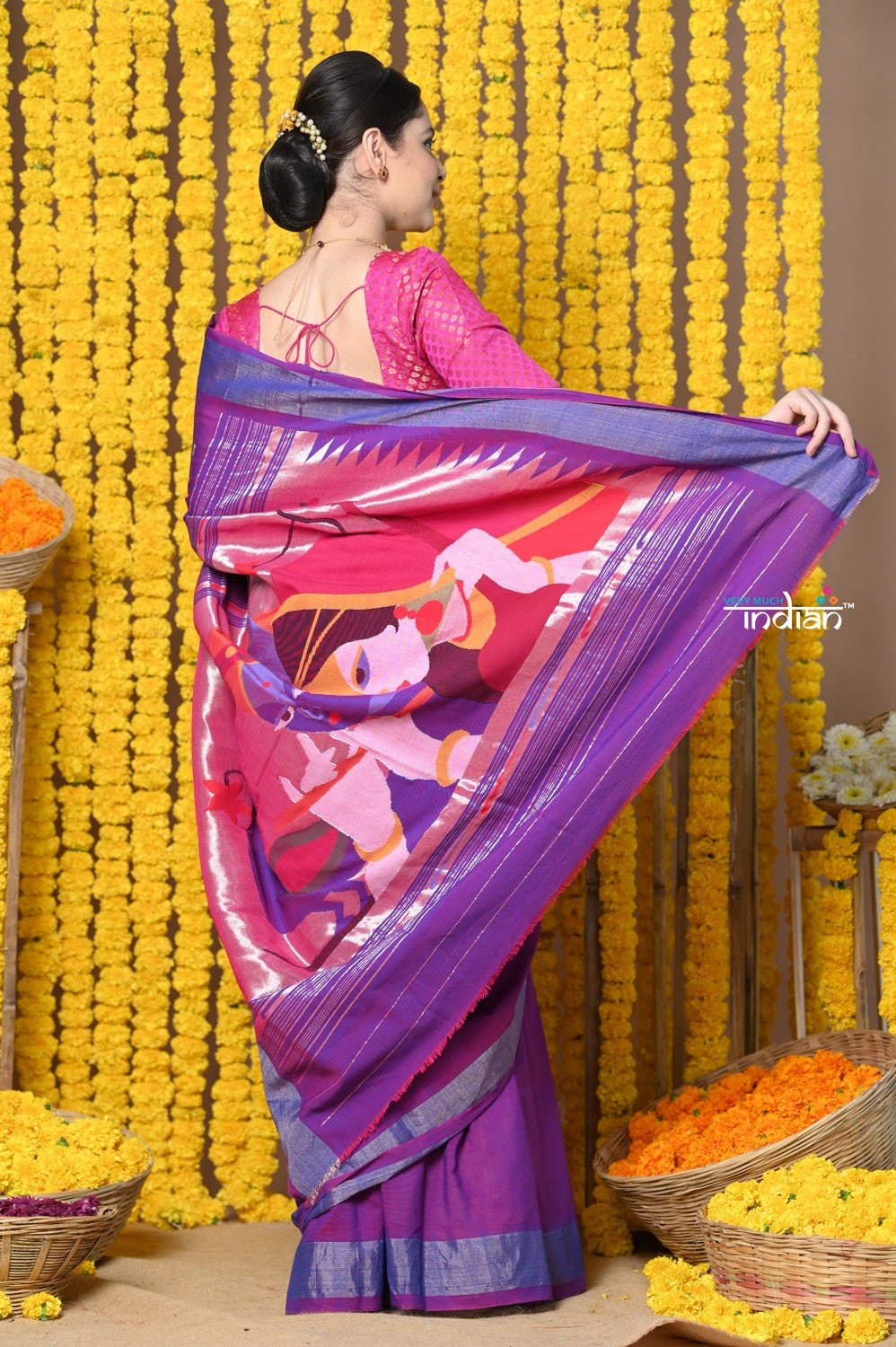 Rajsi~Handloom Pure Cotton Paithani With Radha Krishna Pallu~Dual Tone Purple - verymuchindian.com