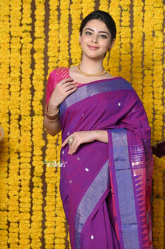 Rajsi~Handloom Pure Cotton Paithani With Radha Krishna Pallu~Dual Tone Purple - verymuchindian.com