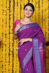 Rajsi~Handloom Pure Cotton Paithani With Radha Krishna Pallu~Dual Tone Purple - verymuchindian.com