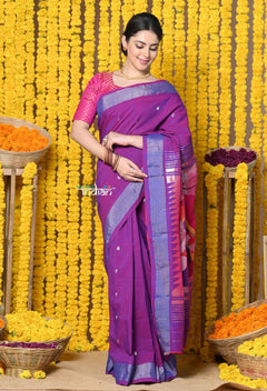 Rajsi~Handloom Pure Cotton Paithani With Radha Krishna Pallu~Dual Tone Purple - verymuchindian.com