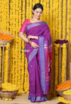 Rajsi~Handloom Pure Cotton Paithani With Radha Krishna Pallu~Dual Tone Purple - verymuchindian.com