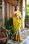Rang Mahal ~ Brocade Gadwal Pure Silk Handloom Saree in Bestselling Silver and Yellow (With Silk Mark) - verymuchindian.com