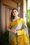 Rang Mahal ~ Brocade Gadwal Pure Silk Handloom Saree in Bestselling Silver and Yellow (With Silk Mark) - verymuchindian.com
