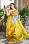 Rang Mahal ~ Brocade Gadwal Pure Silk Handloom Saree in Bestselling Silver and Yellow (With Silk Mark) - verymuchindian.com
