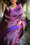 Rang Mahal ~ Brocade Gadwal Pure Silk Handloom Saree in Nightlife Purple (With Silk Mark) - verymuchindian.com