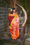 Rang Mahal Exclusive ~ Handloom Pure Silk Bandhani Paithani in Parrot Pallu in Deep Red with Pink (With Silk Mark) - verymuchindian.com